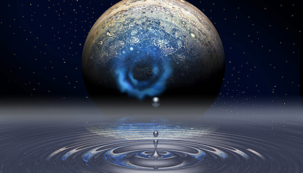 Raindrop falling in front of a planet
