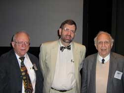 DAMOP Chair Tim Gay (center) poses for a photo with Jan Hall (left) and Roy Glauber (right) at the Nobel Symposium.