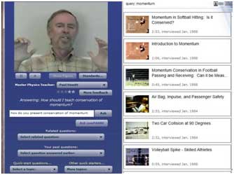 A mock-up of how the screen will look when the Synthetic Interview and the Digital Video Library communicate via software. On the left Paul Hewitt discusses how to introduce conservation of momentum while on the right are video examples that can be used in class.