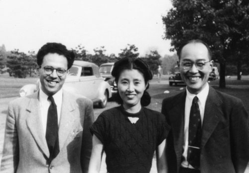 Abraham Pais, Sumiko (Mrs. Hideki) Yukawa, and Hideki Yukawa