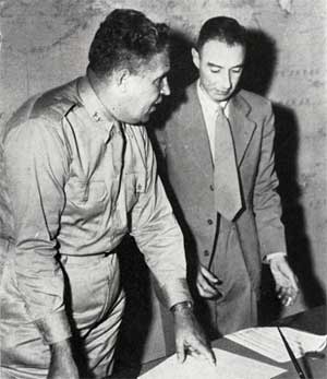 General Leslie R. Groves and J. Robert Oppenheimer, leaders of the Manhattan Project