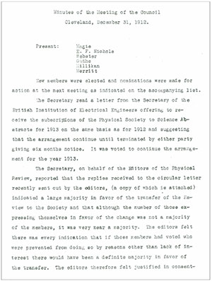 First page of the minutes of the December 1912 APS meeting outlining the decision to take over Physical Review.