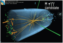 A candidate event for the decay of a Higgs boson to two photons, one of the distinctive modes used for the discovery.