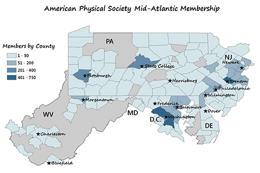 Fig 3. Cartographic display of the number of APS members per county within the Mid-Atlantic region